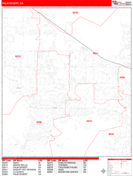 Palm Desert Wall Map Zip Code Red Line Style 2024